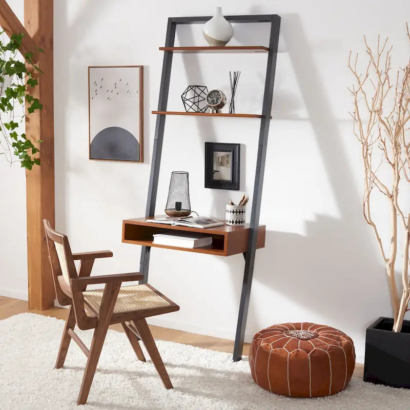 Leaning Desk with 2 Shelves - Black Ladder Style Home Office Desk 76.9" H x 28" W - Industrial Farmhouse Writing Desk