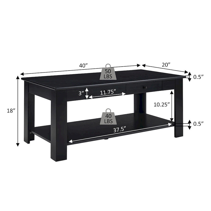 2 Drawer Coffee Table with Shelf - 40x20x18 Inch Black Rectangular Wood Storage Table for Living Room