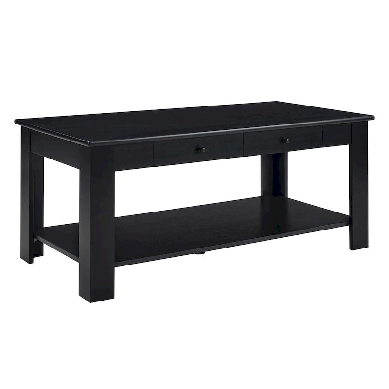 2 Drawer Coffee Table with Shelf - 40x20x18 Inch Black Rectangular Wood Storage Table for Living Room