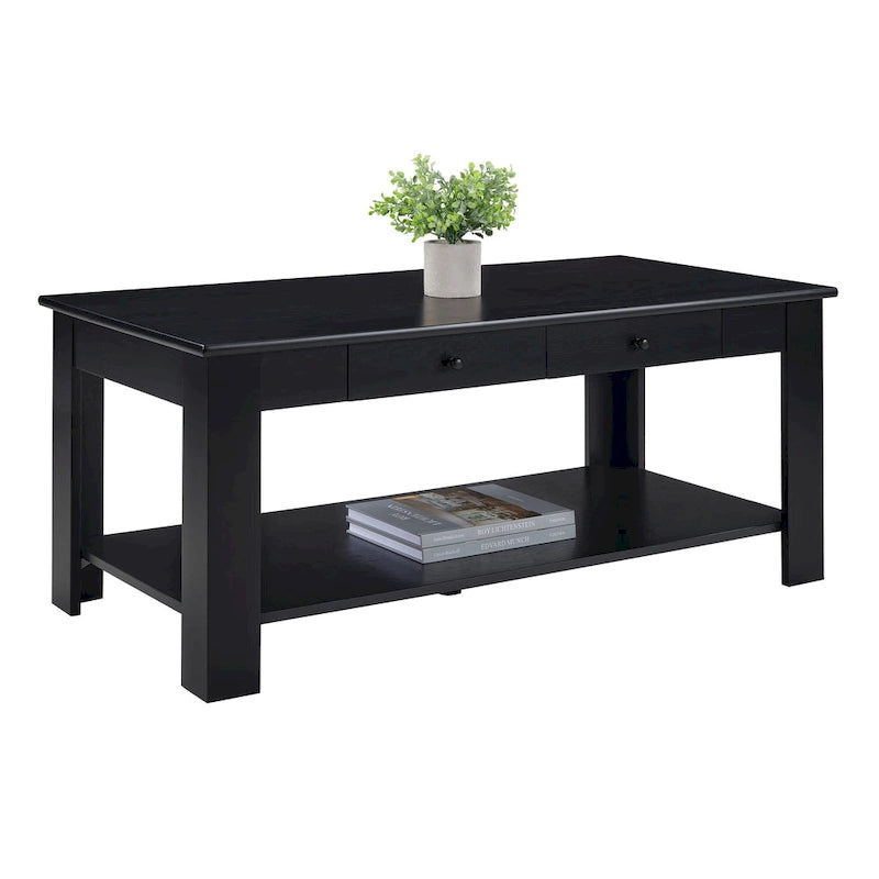 2 Drawer Coffee Table with Shelf - 40x20x18 Inch Black Rectangular Wood Storage Table for Living Room