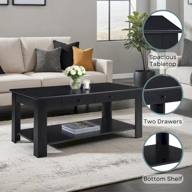 2 Drawer Coffee Table with Shelf - 40x20x18 Inch Black Rectangular Wood Storage Table for Living Room