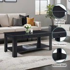 2 Drawer Coffee Table with Shelf - 40x20x18 Inch Black Rectangular Wood Storage Table for Living Room