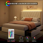 Velvet Platform Bed Frame - Wingback Headboard with RGB LED Lights, 4 Storage Drawers, Noise-Free Metal Frame, Easy Assembly