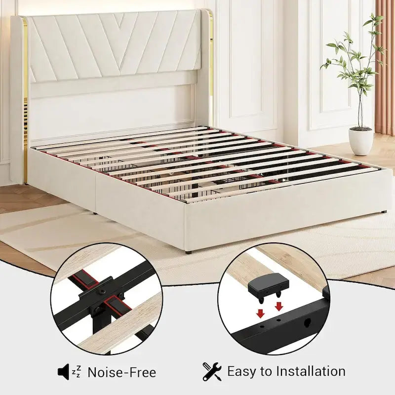 Velvet Platform Bed Frame - Wingback Headboard with RGB LED Lights, 4 Storage Drawers, Noise-Free Metal Frame, Easy Assembly