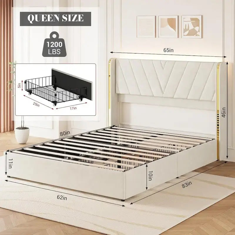 Velvet Platform Bed Frame - Wingback Headboard with RGB LED Lights, 4 Storage Drawers, Noise-Free Metal Frame, Easy Assembly