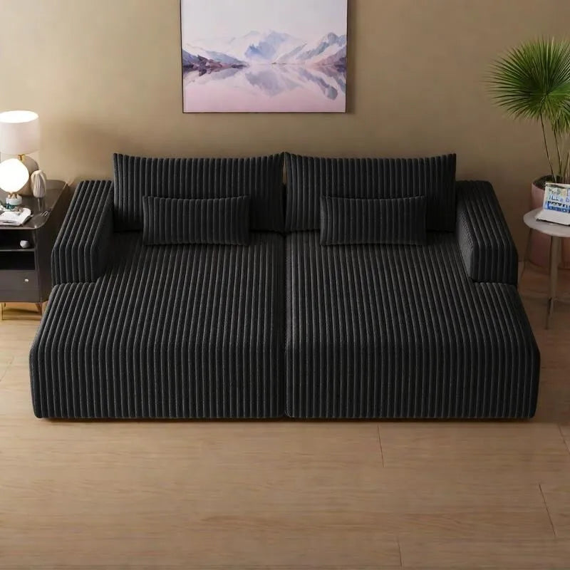 102 Corduroy Cloud Chaise Sectional with Reclining Sofa Bed, No-Assembly Design & Ergonomic Backrest