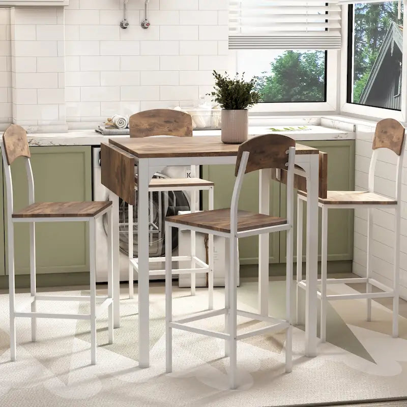 5-Piece Counter Height Dining Set with Drop Leaf Table 39.4" and 4 Chairs - Space Saving Kitchen Furniture
