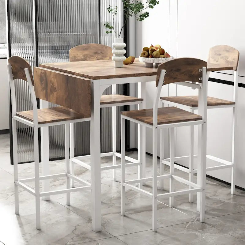 5-Piece Counter Height Dining Set with Drop Leaf Table 39.4" and 4 Chairs - Space Saving Kitchen Furniture