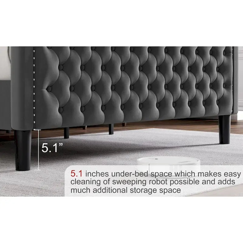 King Size Velvet Upholstered Platform Bed with Tufted Wingback Headboard - 80x76 Inch Grey Bedroom Furniture