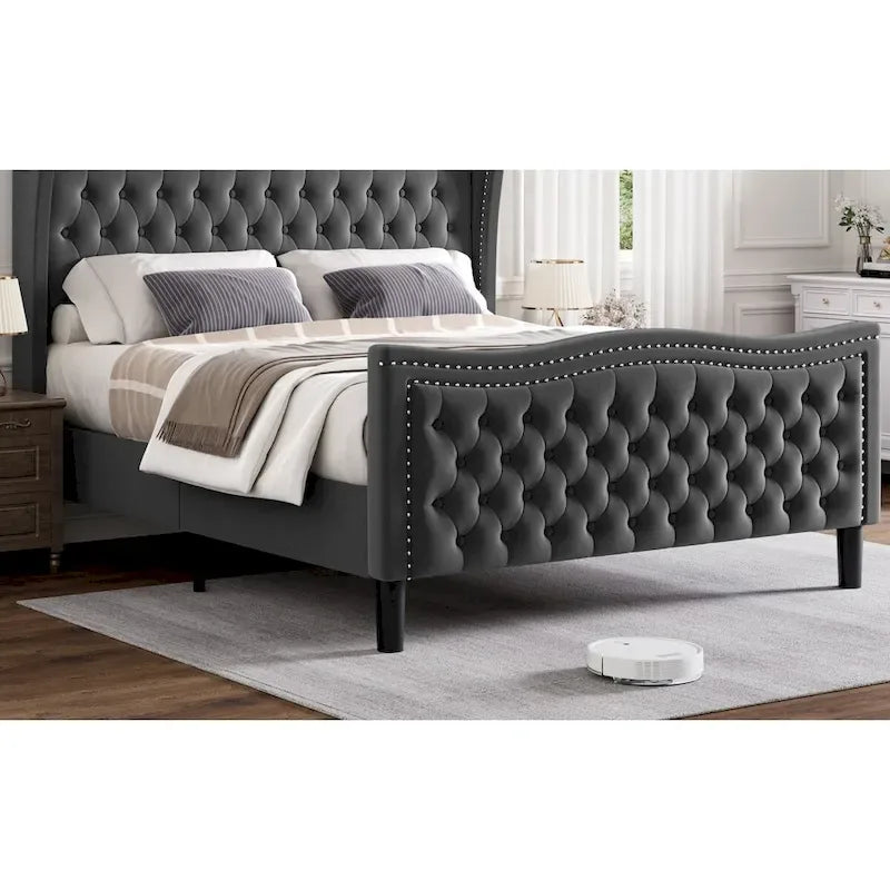 King Size Velvet Upholstered Platform Bed with Tufted Wingback Headboard - 80x76 Inch Grey Bedroom Furniture
