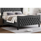 King Size Velvet Upholstered Platform Bed with Tufted Wingback Headboard - 80x76 Inch Grey Bedroom Furniture