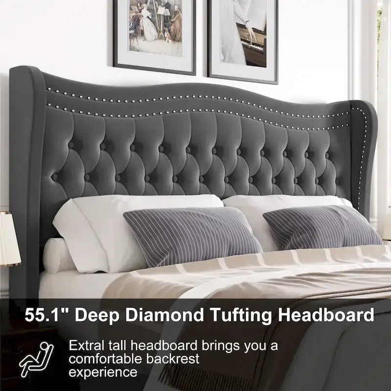 King Size Velvet Upholstered Platform Bed with Tufted Wingback Headboard - 80x76 Inch Grey Bedroom Furniture