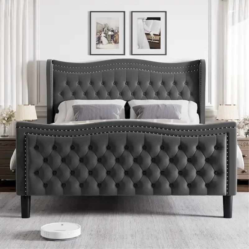 King Size Velvet Upholstered Platform Bed with Tufted Wingback Headboard - 80x76 Inch Grey Bedroom Furniture
