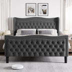 King Size Velvet Upholstered Platform Bed with Tufted Wingback Headboard - 80x76 Inch Grey Bedroom Furniture