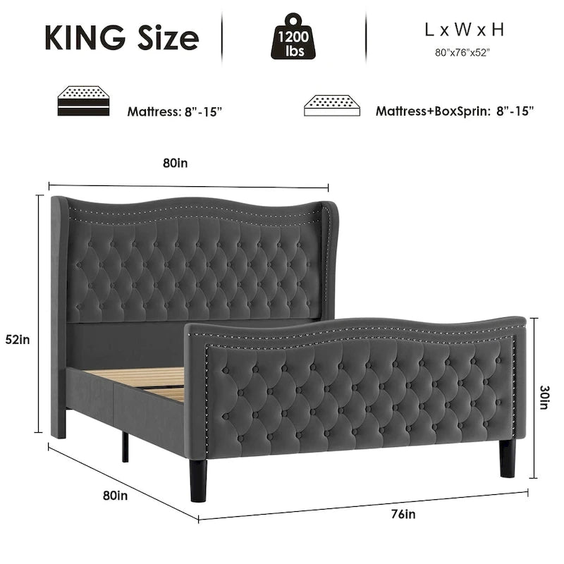 King Size Velvet Upholstered Platform Bed with Tufted Wingback Headboard - 80x76 Inch Grey Bedroom Furniture