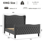 King Size Velvet Upholstered Platform Bed with Tufted Wingback Headboard - 80x76 Inch Grey Bedroom Furniture