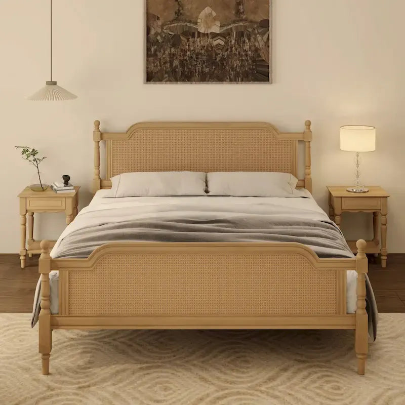 King Size Platform Bed Frame with Natural Rattan Headboard & Footboard - French Provincial Style Solid Pine Wood Bed
