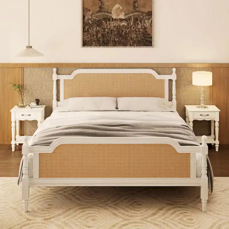King Size Platform Bed Frame with Natural Rattan Headboard & Footboard - French Provincial Style Solid Pine Wood Bed