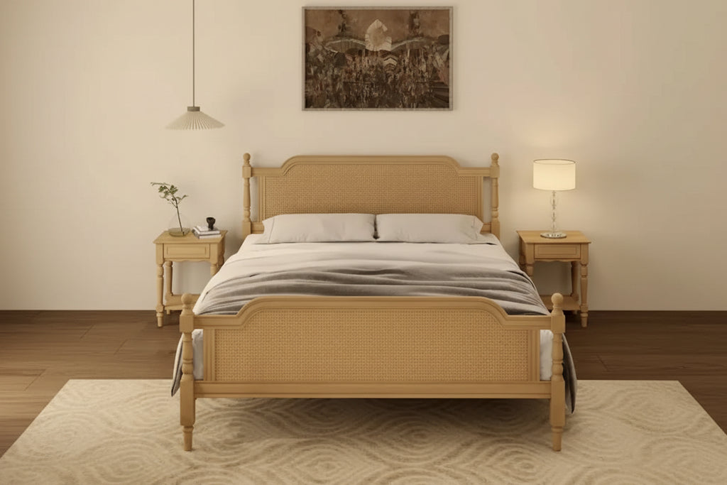 Traditional Style Platform Bed with Rattan Headboard and Footboard for Bedroom