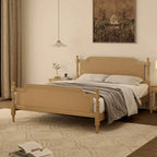 King Size Platform Bed Frame with Natural Rattan Headboard & Footboard - French Provincial Style Solid Pine Wood Bed