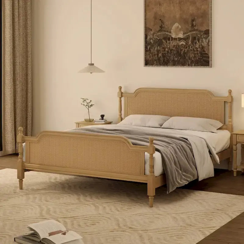 King Size Platform Bed Frame with Natural Rattan Headboard & Footboard - French Provincial Style Solid Pine Wood Bed