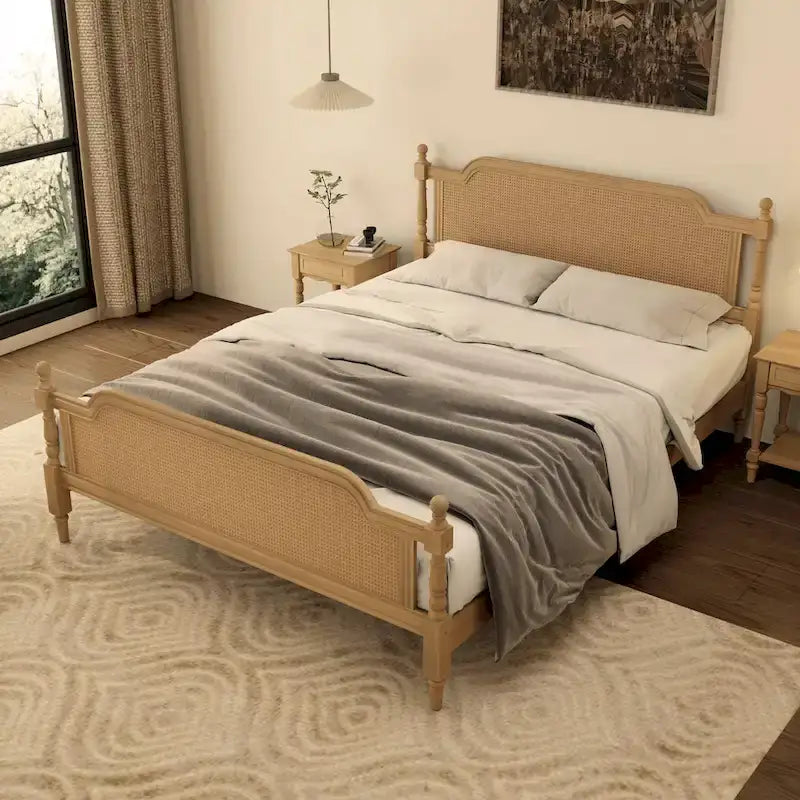 King Size Platform Bed Frame with Natural Rattan Headboard & Footboard - French Provincial Style Solid Pine Wood Bed