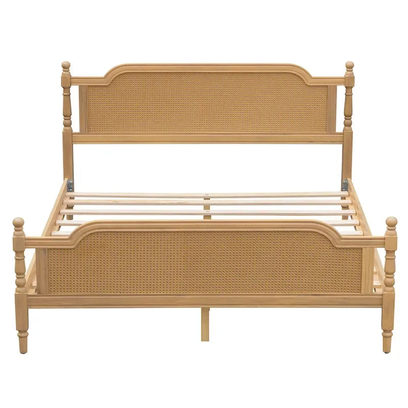 King Size Platform Bed Frame with Natural Rattan Headboard & Footboard - French Provincial Style Solid Pine Wood Bed