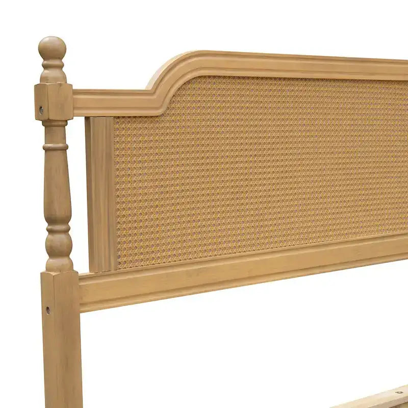 King Size Platform Bed Frame with Natural Rattan Headboard & Footboard - French Provincial Style Solid Pine Wood Bed