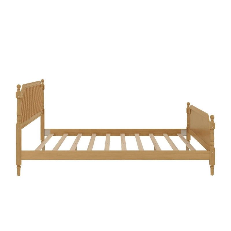 King Size Platform Bed Frame with Natural Rattan Headboard & Footboard - French Provincial Style Solid Pine Wood Bed