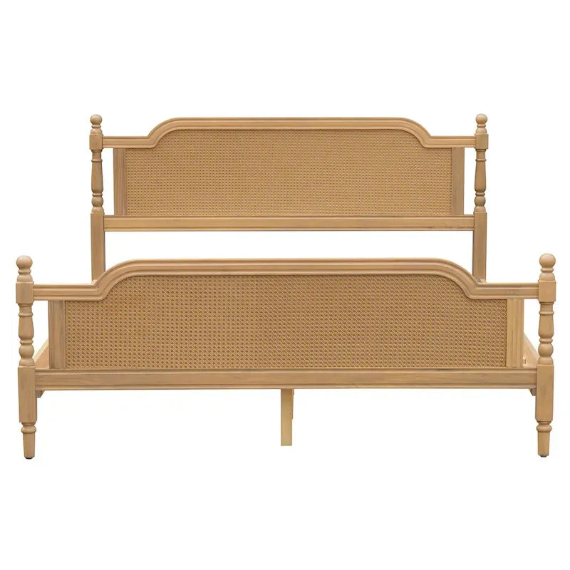 King Size Platform Bed Frame with Natural Rattan Headboard & Footboard - French Provincial Style Solid Pine Wood Bed
