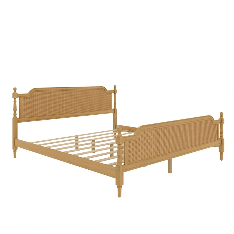 King Size Platform Bed Frame with Natural Rattan Headboard & Footboard - French Provincial Style Solid Pine Wood Bed
