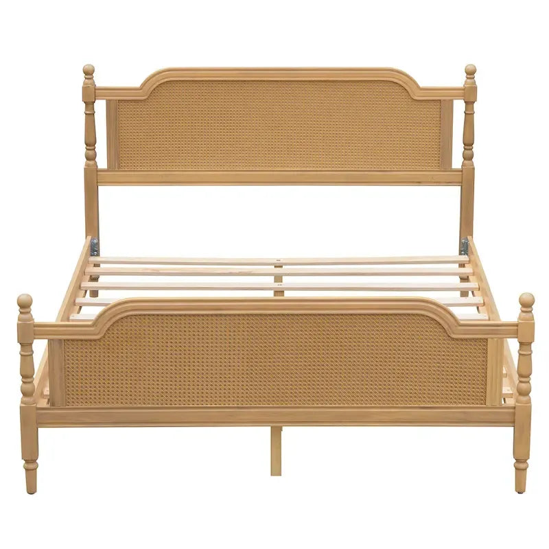 King Size Platform Bed Frame with Natural Rattan Headboard & Footboard - French Provincial Style Solid Pine Wood Bed