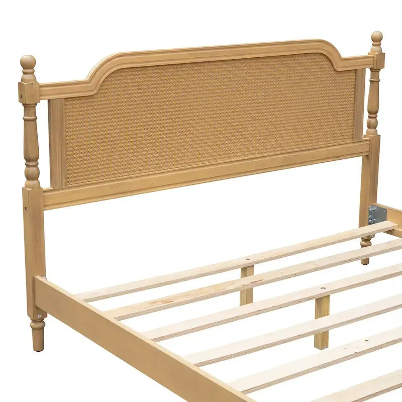 King Size Platform Bed Frame with Natural Rattan Headboard & Footboard - French Provincial Style Solid Pine Wood Bed