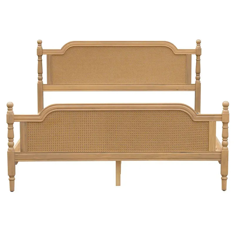 King Size Platform Bed Frame with Natural Rattan Headboard & Footboard - French Provincial Style Solid Pine Wood Bed