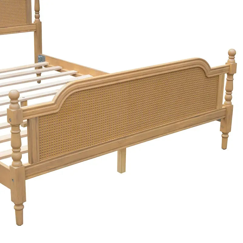 King Size Platform Bed Frame with Natural Rattan Headboard & Footboard - French Provincial Style Solid Pine Wood Bed