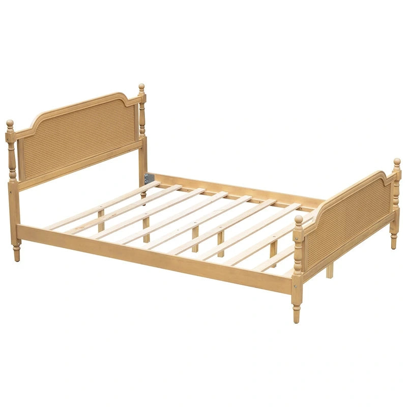 King Size Platform Bed Frame with Natural Rattan Headboard & Footboard - French Provincial Style Solid Pine Wood Bed