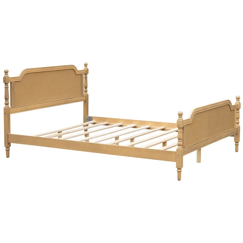 King Size Platform Bed Frame with Natural Rattan Headboard & Footboard - French Provincial Style Solid Pine Wood Bed