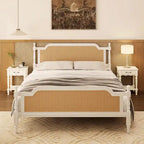 King Size Platform Bed Frame with Natural Rattan Headboard & Footboard - French Provincial Style Solid Pine Wood Bed