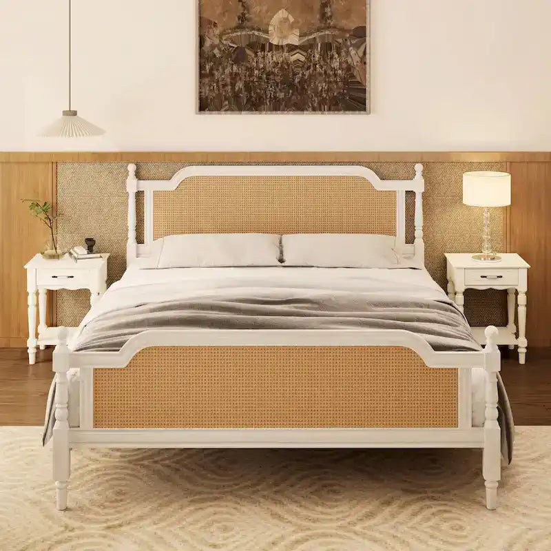 King Size Platform Bed Frame with Natural Rattan Headboard & Footboard - French Provincial Style Solid Pine Wood Bed