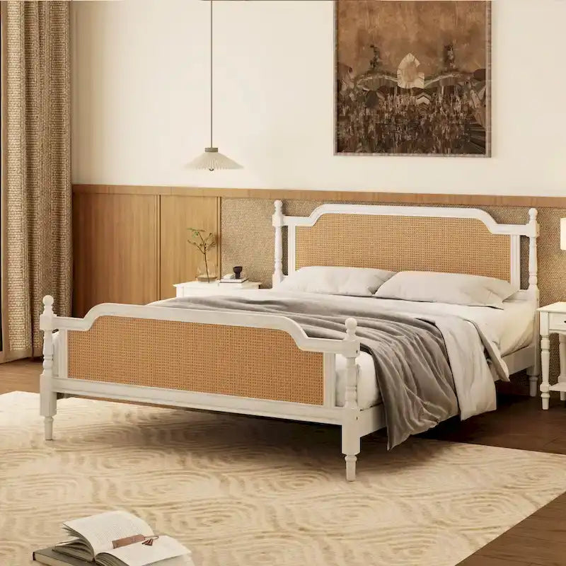King Size Platform Bed Frame with Natural Rattan Headboard & Footboard - French Provincial Style Solid Pine Wood Bed