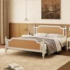 King Size Platform Bed Frame with Natural Rattan Headboard & Footboard - French Provincial Style Solid Pine Wood Bed