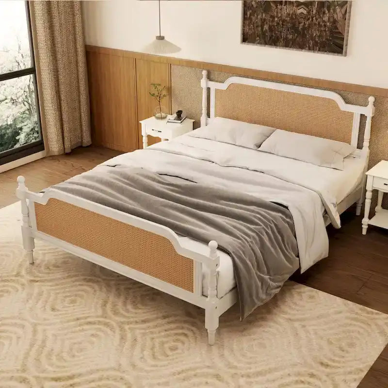 King Size Platform Bed Frame with Natural Rattan Headboard & Footboard - French Provincial Style Solid Pine Wood Bed