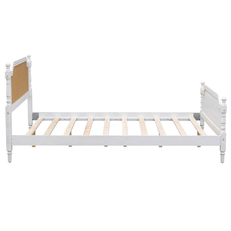 King Size Platform Bed Frame with Natural Rattan Headboard & Footboard - French Provincial Style Solid Pine Wood Bed