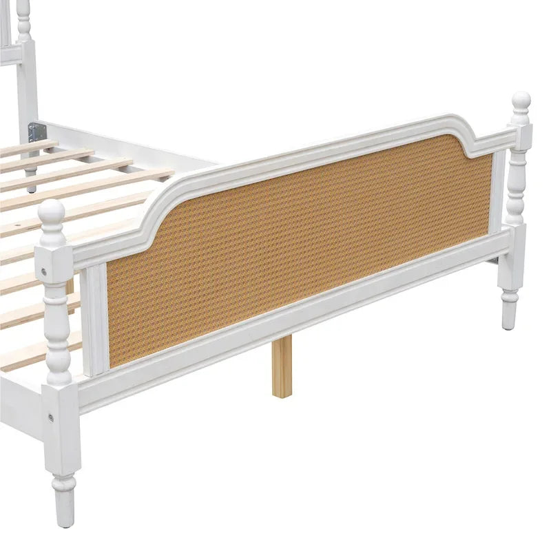King Size Platform Bed Frame with Natural Rattan Headboard & Footboard - French Provincial Style Solid Pine Wood Bed