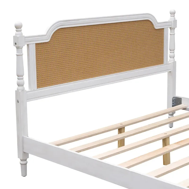 King Size Platform Bed Frame with Natural Rattan Headboard & Footboard - French Provincial Style Solid Pine Wood Bed
