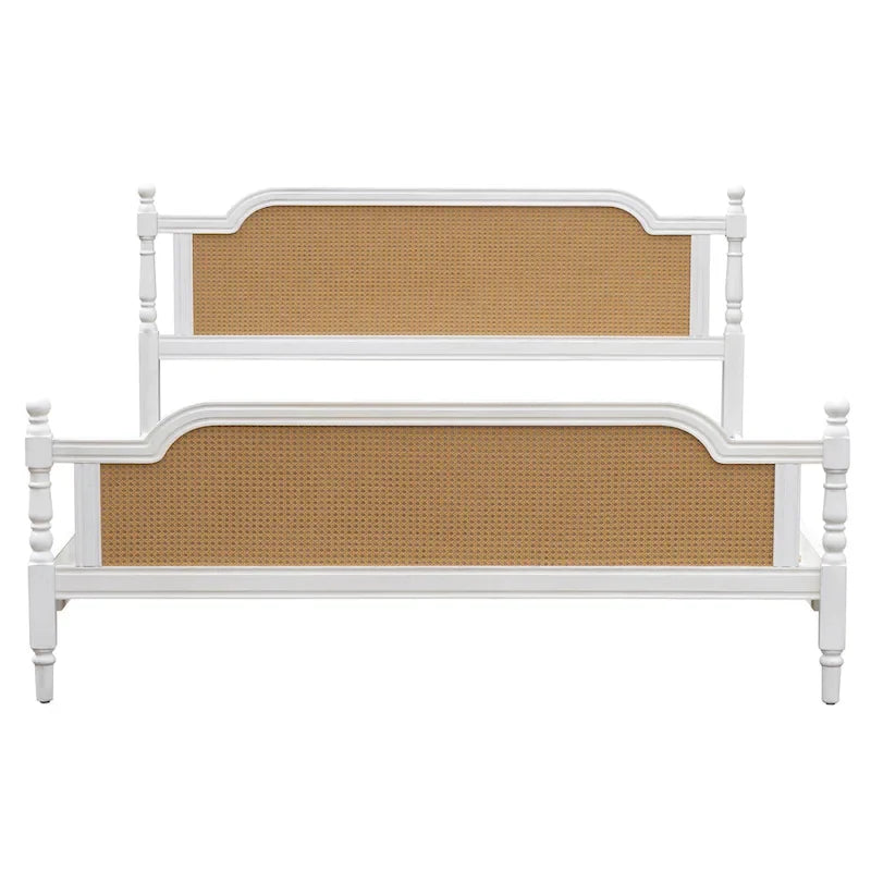 King Size Platform Bed Frame with Natural Rattan Headboard & Footboard - French Provincial Style Solid Pine Wood Bed