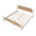 King Size Platform Bed Frame with Natural Rattan Headboard & Footboard - French Provincial Style Solid Pine Wood Bed