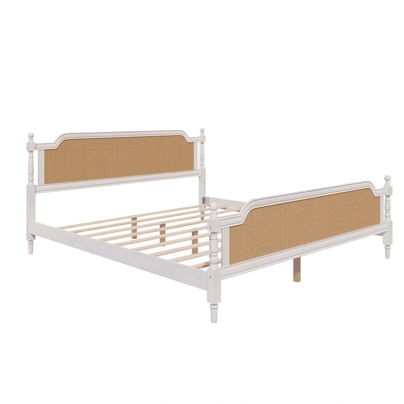 King Size Platform Bed Frame with Natural Rattan Headboard & Footboard - French Provincial Style Solid Pine Wood Bed