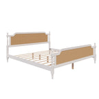 King Size Platform Bed Frame with Natural Rattan Headboard & Footboard - French Provincial Style Solid Pine Wood Bed