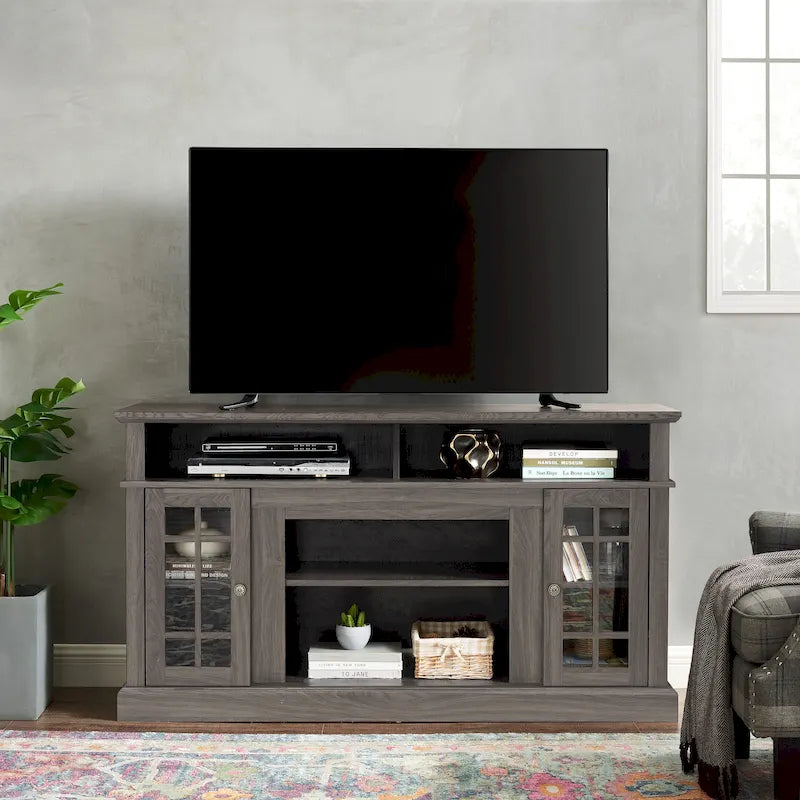 58" TV Stand Entertainment Center with Storage for TVs up to 65" - Dark Walnut Wood Finish